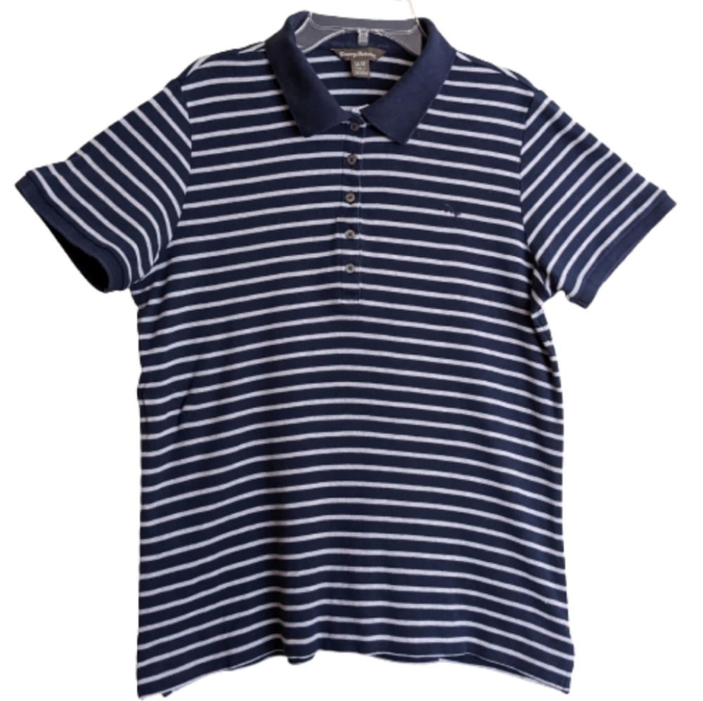 Tommy Bahama Polo Shirt Nautical Navy Blue Gray Stripes Short Sleeves Pr…